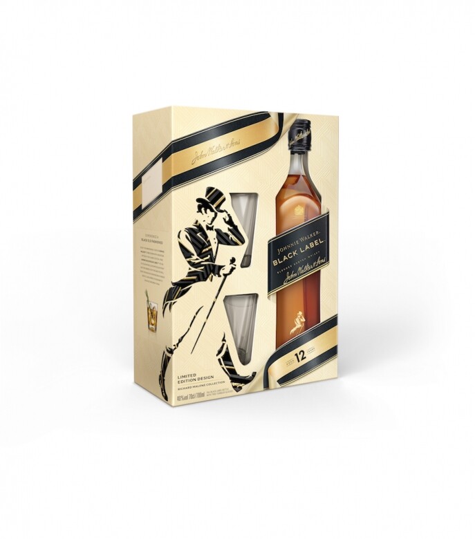 這款Johnnie Walker Black Label X Richard Malone限量版禮盒（酒精含量為40%，一支700毫升隨附兩個精
