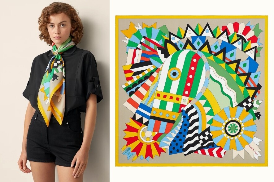 色彩斑斕的絲巾出自設計師Jan Bajtlik手筆，絲巾抽象的馬術主題，90 x 90cm的