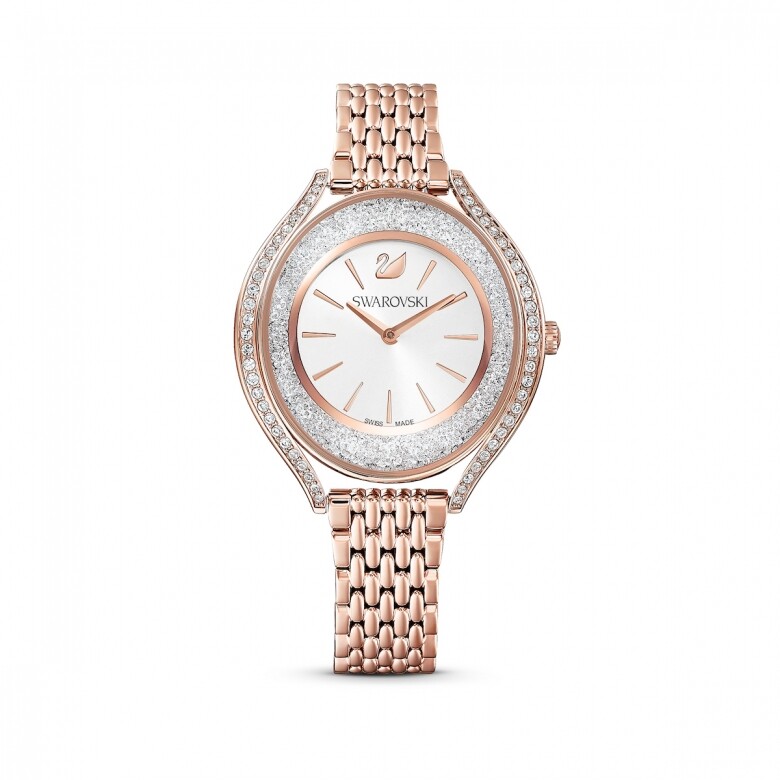 這款Swarovski手錶來自品牌的Crystalline Aura Collection，外型與功能兼備。其玫瑰金色PVD錶殼上鑲