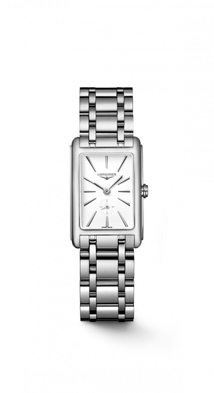 這枚精鋼腕錶內藏L178.2石英機芯，配合20.8x32mm的長方形錶殼。白色