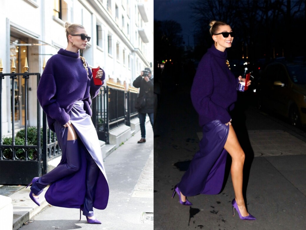 Hailey Bieber的紫色tone-on-tone造型雖然簡單，卻顯得大膽、高貴而具女人味。