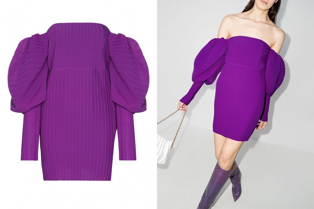 鮮明的紫色連身裙非常搶眼，絕對會令你成為目光焦點；低一字膊的設計