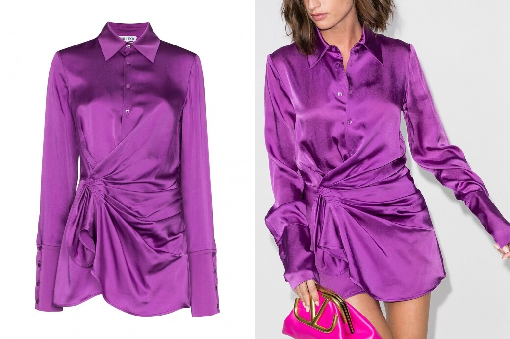 非常誘人的恤衫裙，紫色配上反光的色丁布更顯亮眼；腰部的縐褶設計帶
