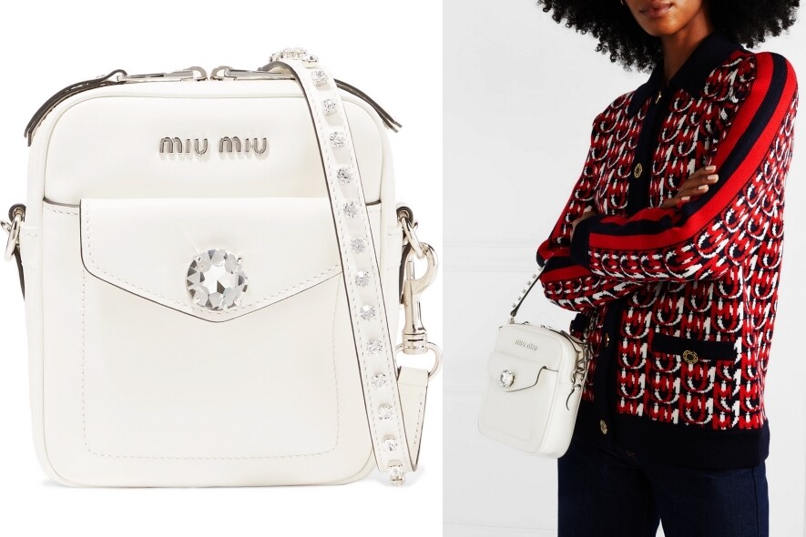 白色皮革手挽袋（$9,450 Miu Miu）白色皮革配以水晶點綴，大方優雅，嬌小的外型