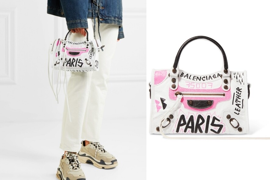 塗鴉圖案手挽袋（$13,900 Balenciaga）粉紅色拼白色的配色，加上小巧的A4袋型，袋上