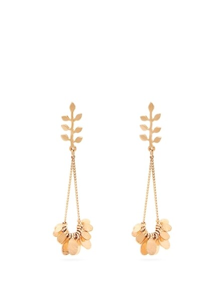 法國品牌Isabel Marant的金色長耳環，葉形金屬下吊著大大小小的圓牌，日常上班