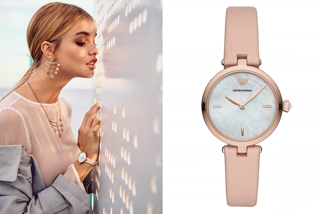 ARIANNA系列 AR11199 $1,950採用閃亮的珍珠母錶盤，配上纖幼的玫瑰金色錶殼及裸