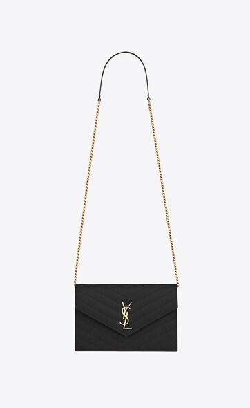 Saint Laurent 型女之選飾YSL金屬標誌的信封形wallet on chain最經典，cool爆的黑金色百搭