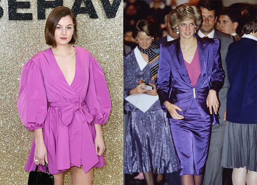 80年代，戴安娜王妃愛穿上當時流行的寬厚膊墊的衣服，色彩艷麗的外套