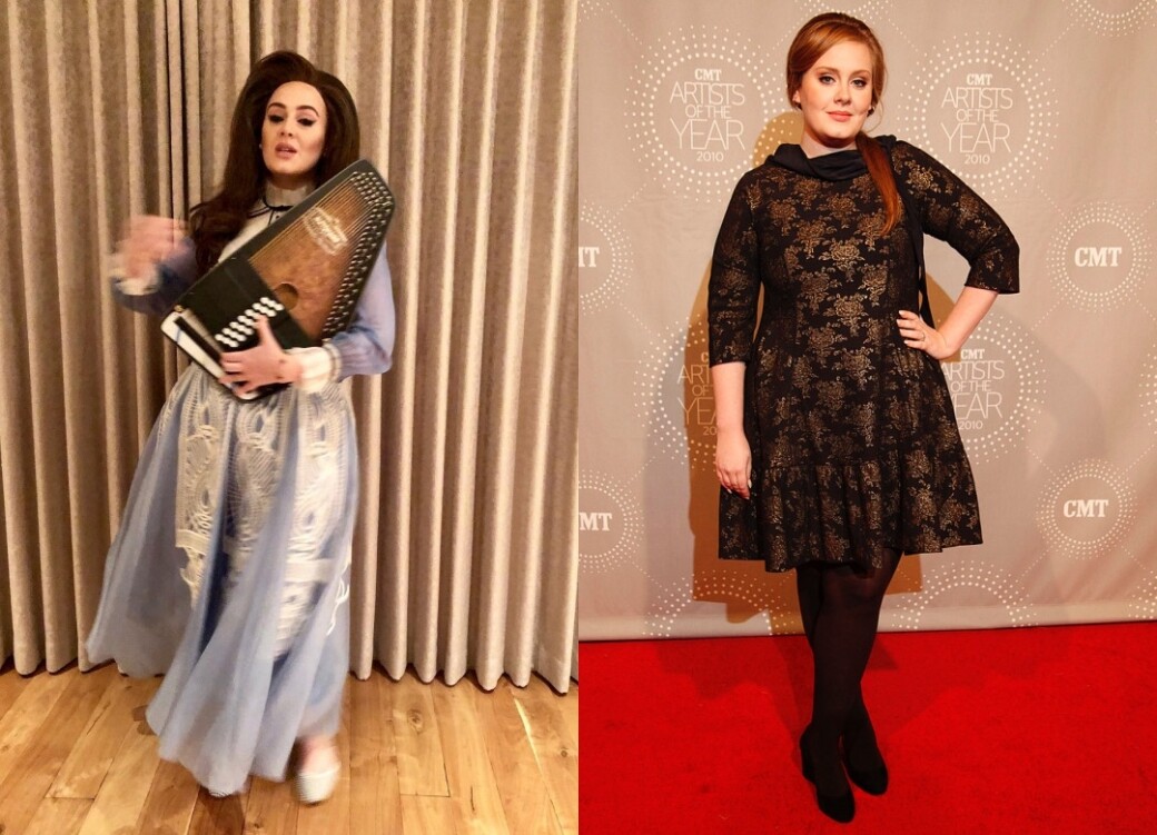 還記得去年一月Adele發布左邊這張照片時，還是圓嘟嘟的，一襲紫色薄紗拼
