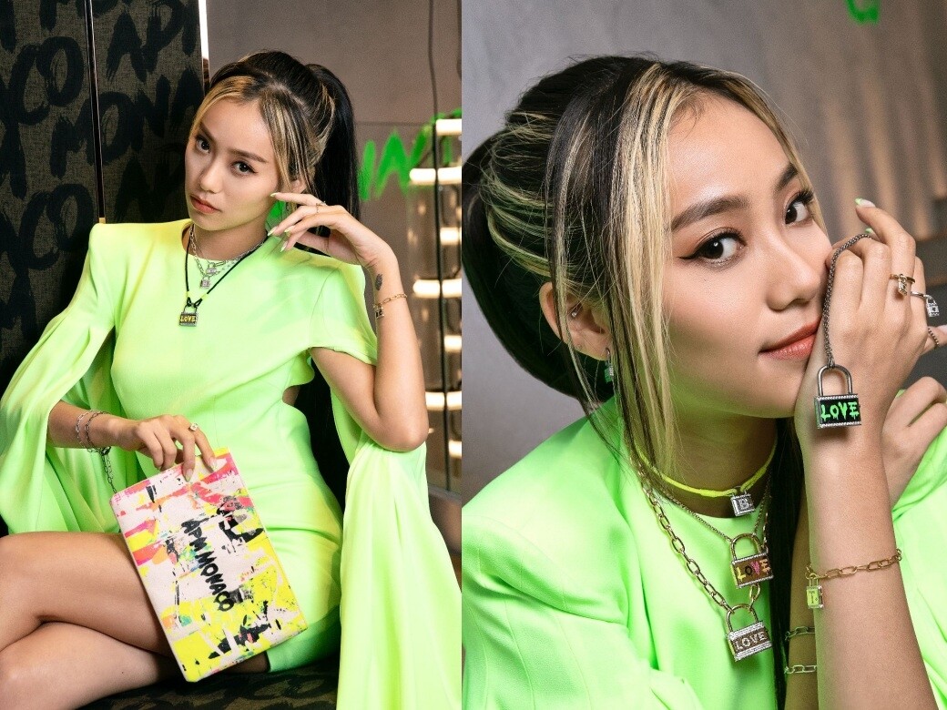 陳凱詠（Jace Chan）以型格螢光綠色連身裙造型演繹「愛瘋樂」（FUN CRAZY LOVE）的混搭特質。