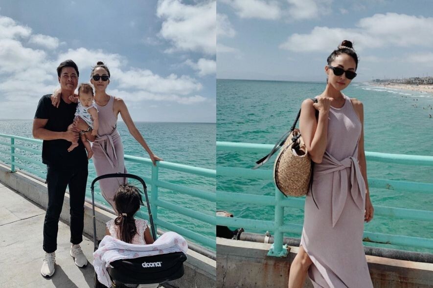 時裝網紅Chriselle Lim帶著女兒們出外渡假，一身輕巧休閒打扮，配搭一個容量極