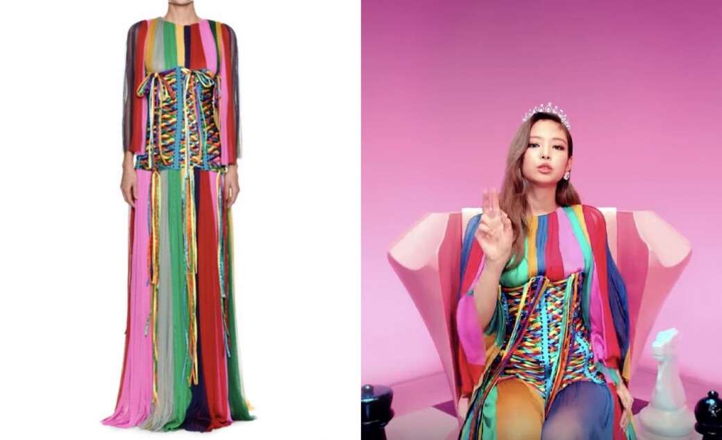 JennieJennie 在 《DDU-DU DDU-DU》MV 中身穿的絲質彩虹裙出自 Dolce & Gabbana，價值近二百萬。其中最吸