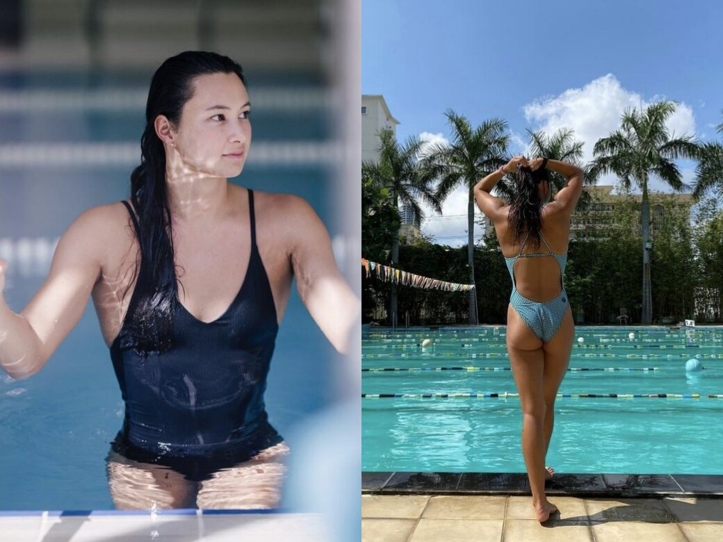 當然身為專業游泳運動員，鄭莉梅穿泳衣的機會比穿便衣的多。配合她開