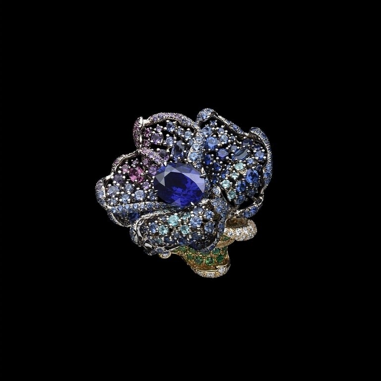 其中的Dior Rose藍寶石戒指是整個系列中最耀眼，利用寶石之間的疊砌打造