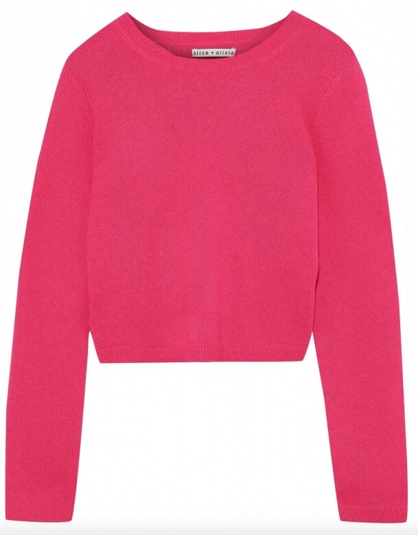 這款Alice + Olivia的桃紅色冷衫以88%羊絨製成，顏色吸睛之餘十分保暖。