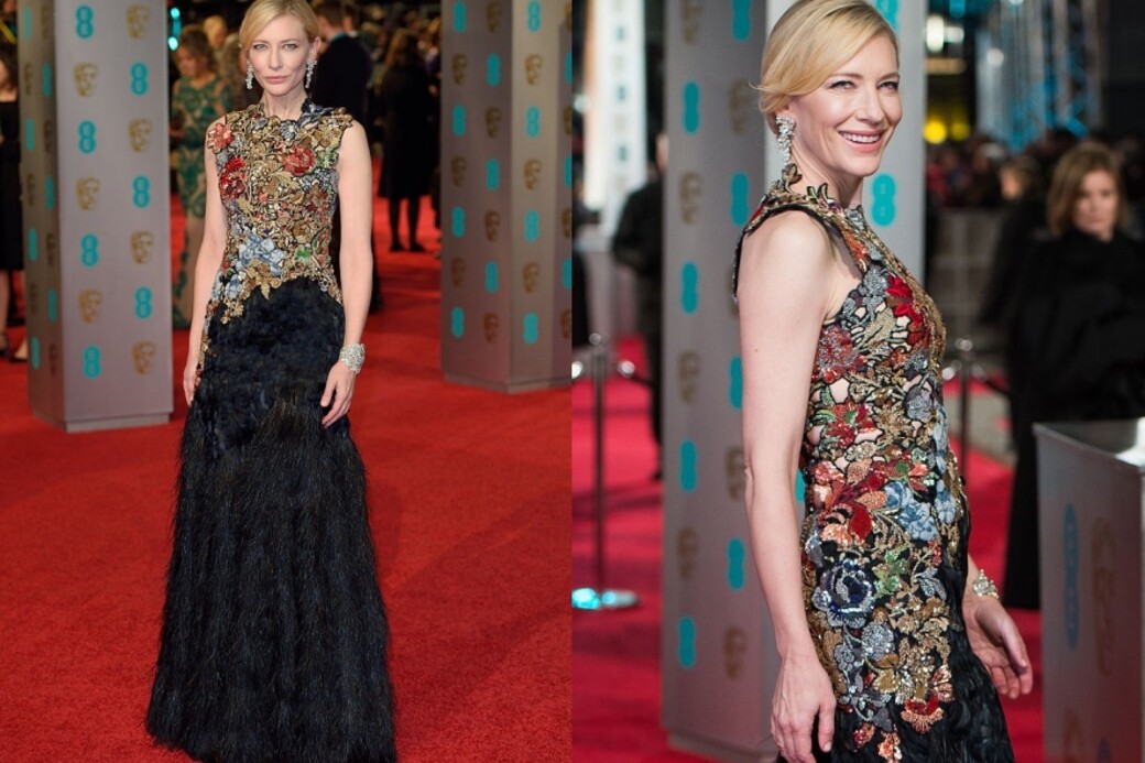 2016年BAFTA頒獎禮上Cate Blanchett穿起Alexander McQueen晚裝擁有華麗的羽毛裙襬，讓她艷壓全場