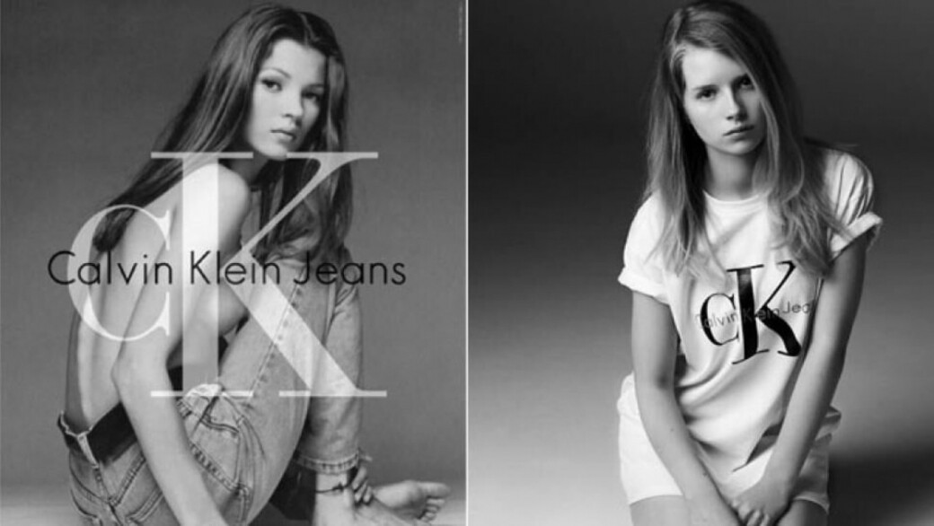 廿多年後，品牌邀請Kate Moss妹妹Lottie Moss演繹Calvin Klein Jeans系列廣告，同時的風格，兩姊