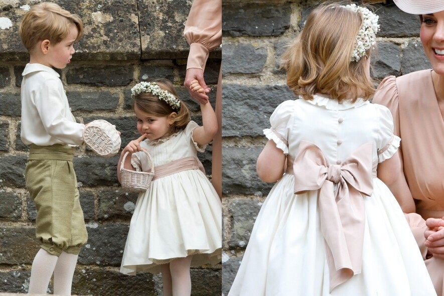 2017年5月，Princess Charlotte於Pippa Middleton的婚禮擔任花女一角。從正面看，夏洛特公主身上的
