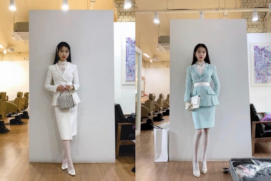 盧珠熙擅用小物點出時尚度，不論是白色套裝，還是粉藍套裝，她都以白色