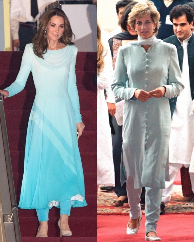 事實上，凱特到訪巴基斯坦時的水藍色連身裙，與戴安娜王妃在1996年出訪