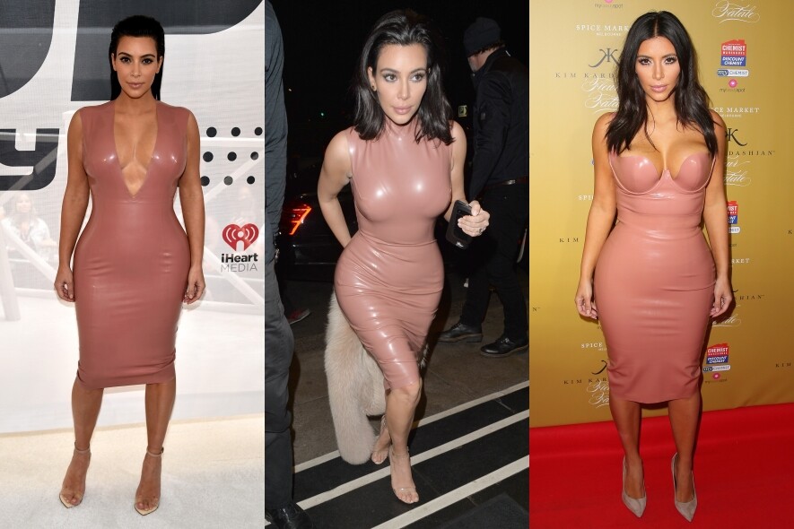 對於近似膚色的膠質貼身裙，Kim Kardashian尤其喜愛，曾先後三次穿類似的設計，務
