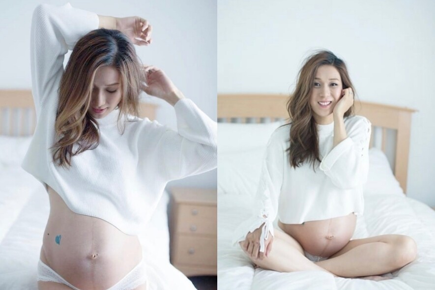 早前鍾嘉欣連環在Instagram發放幸福孕照，也是以白色為主調，穿上白色短身長