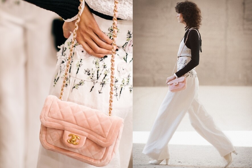 甜美的粉紅色絲絨小手袋，為型格的系列增添嬌柔氣色。
