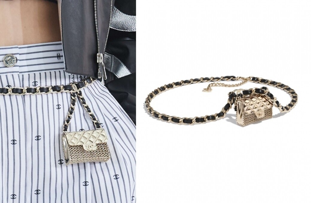 Chanel手袋造型金屬腰帶，超迷你翻蓋「手袋」能裝零錢，配以經典金屬織皮鏈帶