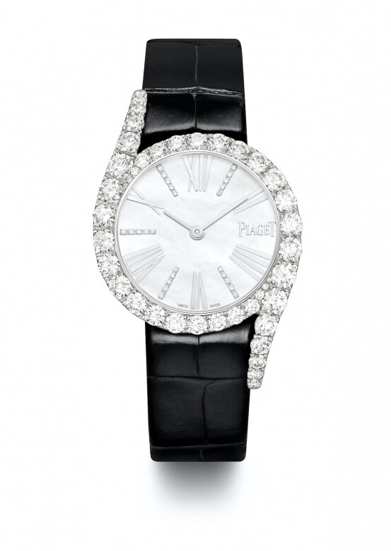 直徑32毫米的Limelight Gala腕錶擁有18K白金錶殼，鑲飾62顆明亮形切割圓形美