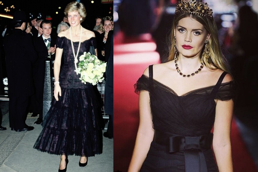 為Dolce & Gabbana當時裝模特兒的Kitty Spencer，在頭冠與黑色裙子下顯得有點拘束，同樣穿