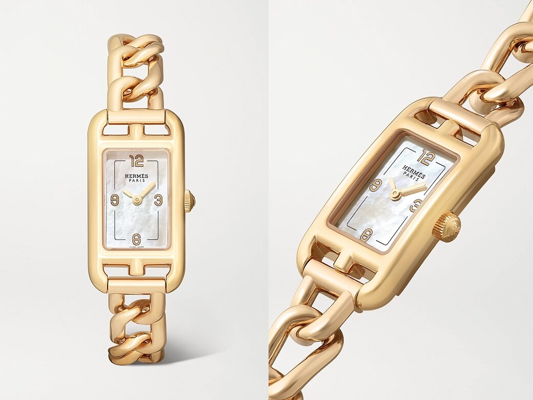 除了皮革錶帶外，品牌還推出錶鏈款式，Nantucket手錶錶盤加入珍珠貝母錶盤，配