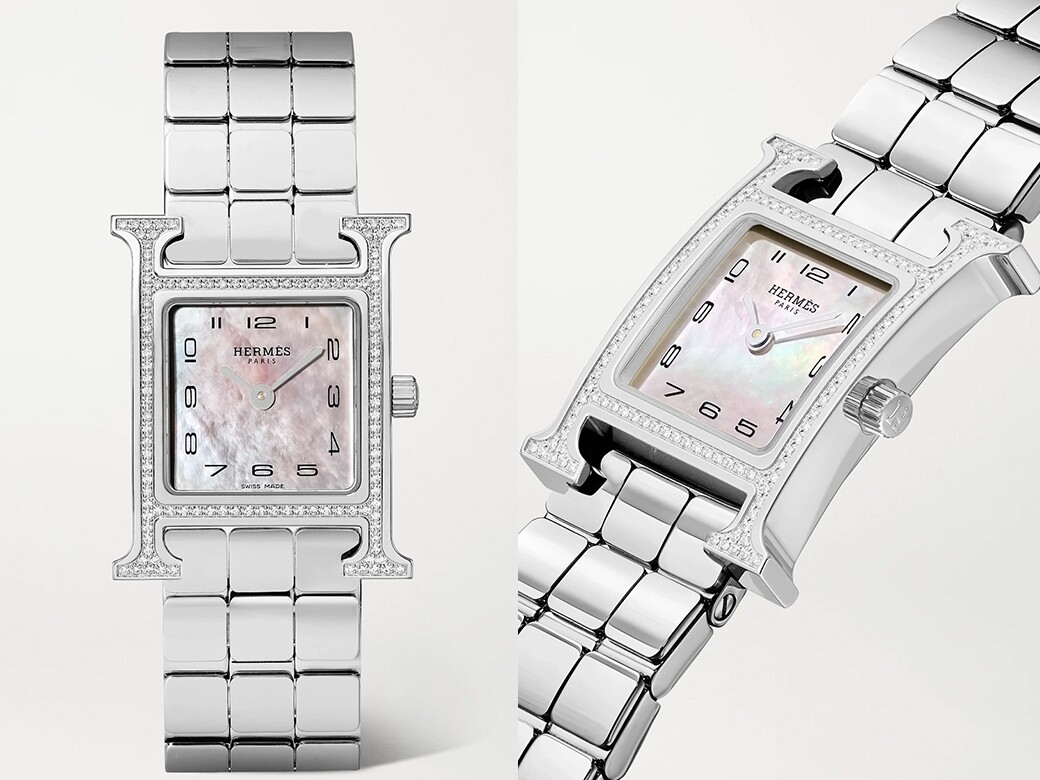 鐘錶大師Philippe Mouquet設計的 “H” 形錶圈鑲滿鑽石，與錶盤的珍珠母貝互相映襯，若
