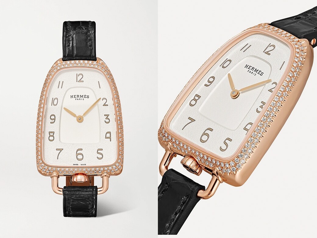此款手錶由人氣設計師Ini Archibong設計，錶殼外型像馬鐙，採用18K玫瑰金和鑽