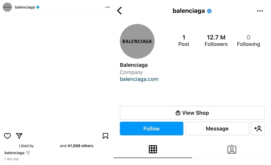 Balenciaga於2021年7月1日無預警清空IG所有貼文
