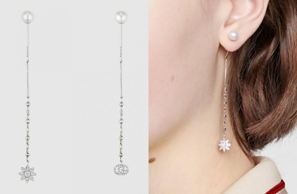 品牌的Gucci Flora系列則以花卉作為設計珠寶的靈感，耳針位置配以珍珠，耳墜