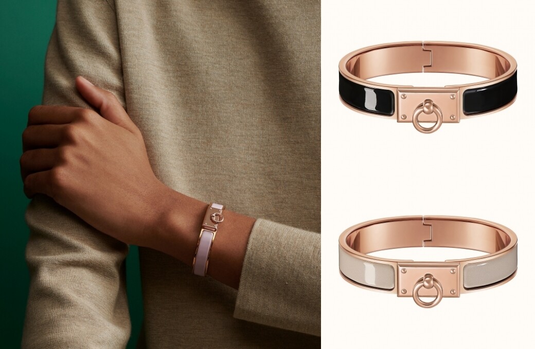 同樣取材自品牌經典的金屬扣環標記，融入玫瑰金搪瓷手環的設計中，儘