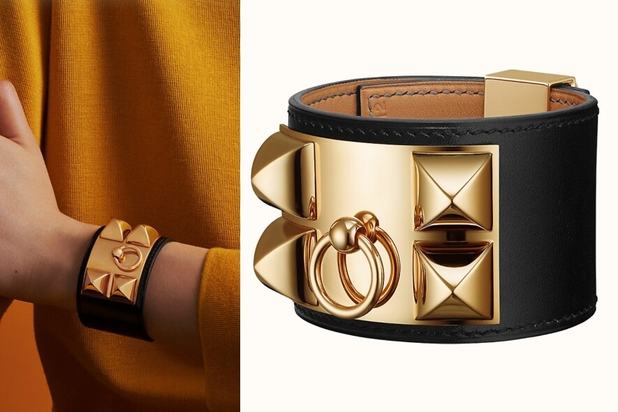 Hermès的皮革手環除了Kelly手袋的經典金屬釦款式外，這款Rivale Double Tour 手環同樣