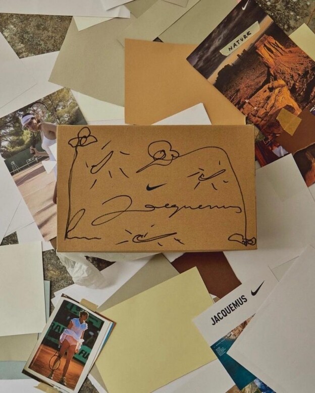而「不經意」流出的相片中，也將Jacquemus x Nike的鞋盒設計曝光，秉承了Simon Porte Jacquemus的玩