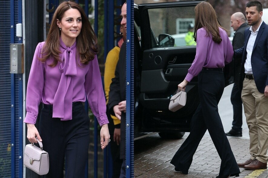 這件Gucci紫色蝴蝶領結上衣，也是凱特在去年三月時現身倫敦的兒童福利
