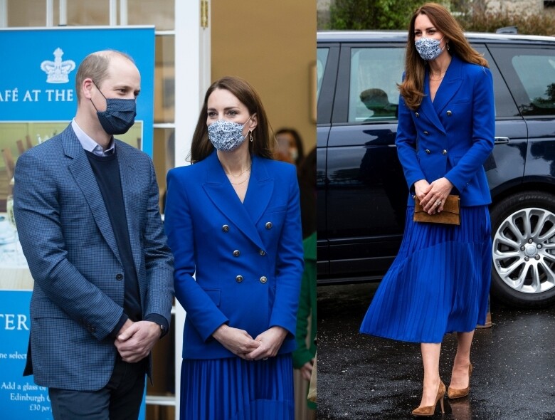 在慈善機構探訪時，凱特穿上來自Zara的藍色西裝褸和百摺裙，Hope的啡色高