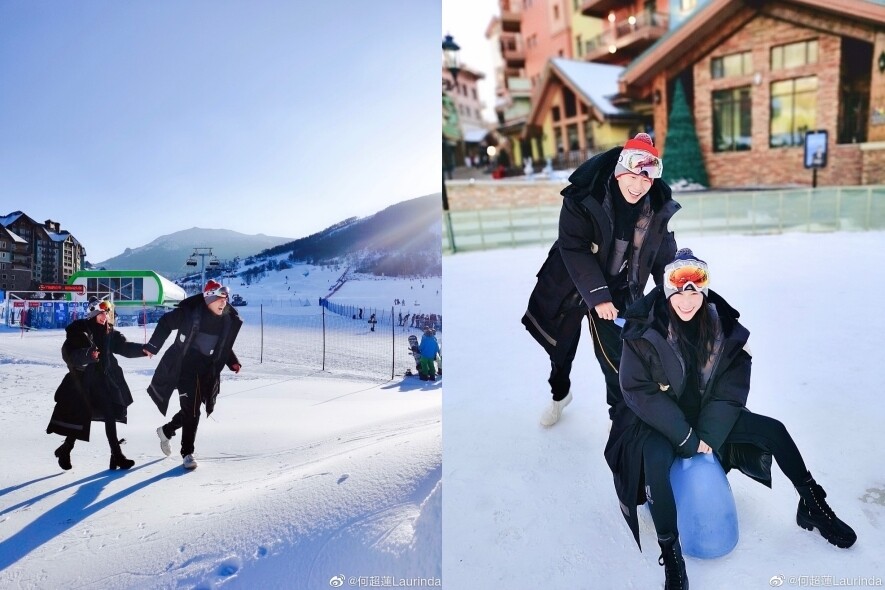 何超蓮和竇驍近日到滑雪場拍拖放閃，玩得旁若無人，可見二人身穿情侶