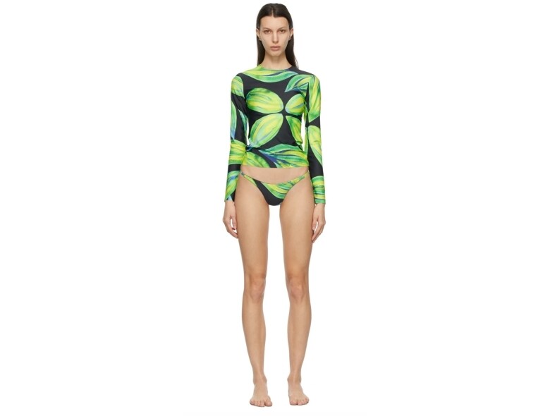 美國製造的Louisa Ballou長袖泳衣套裝，印上夏日感滿滿的綠葉印花，兩件式設計