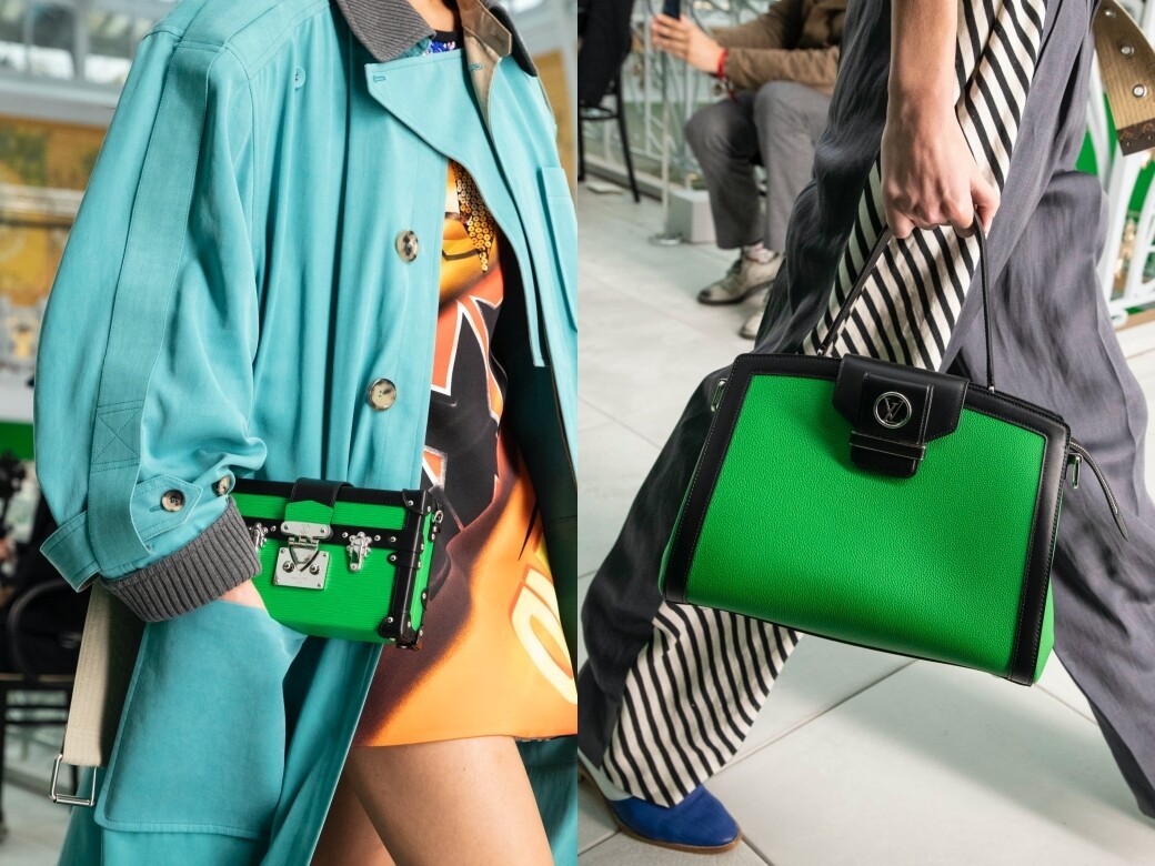 似是跟與場地的綠幕相呼應，Petite Malle和不少新袋均披上搶眼的綠色新裝。
