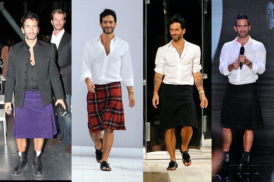 這段時期的Marc Jacobs很愛穿及膝裙，他最常挑選的款式是黑色及紅色、綠色格