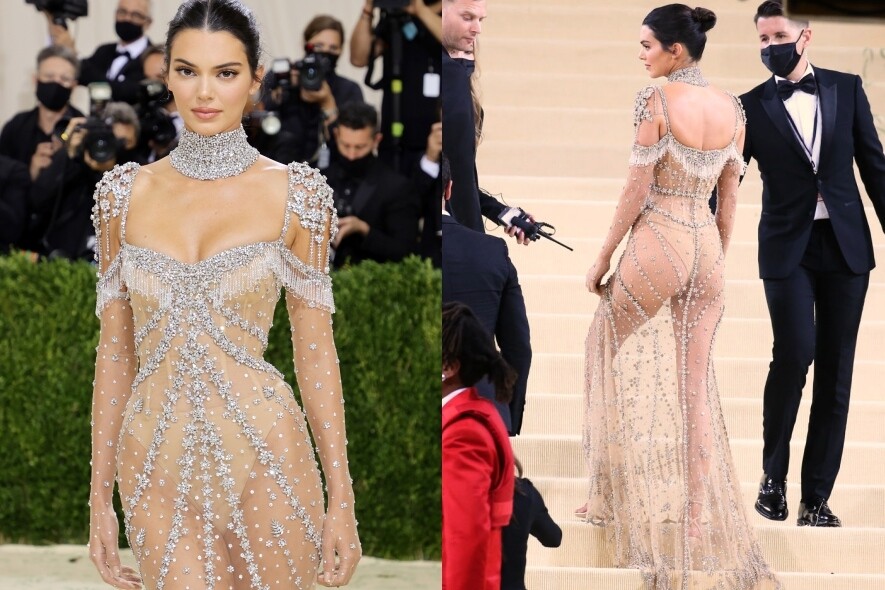 另一邊廂超模Kendall Jenner就穿上Givenchy Haute Couture水晶透視晚裝華麗登場，若隱若現show出