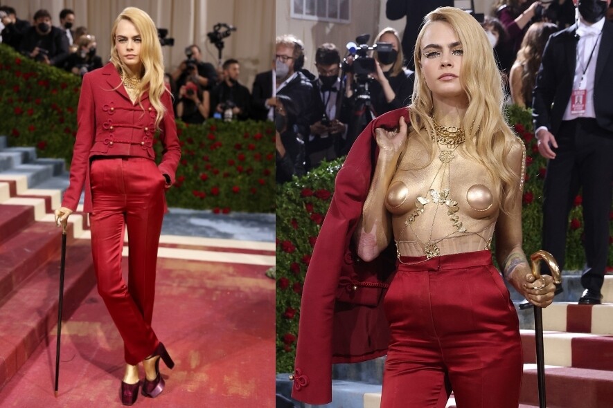 Cara Delevingne的Dior紅色西裝下內有乾坤！把外套一脫，金色的body-chain加上金粉化妝，又