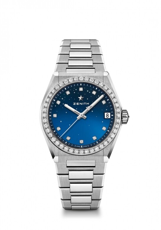 這枚Zenith DEFY Midnight是品牌DEFY系列中首款女裝錶，錶盤鑲嵌11顆明亮式切割鑽石