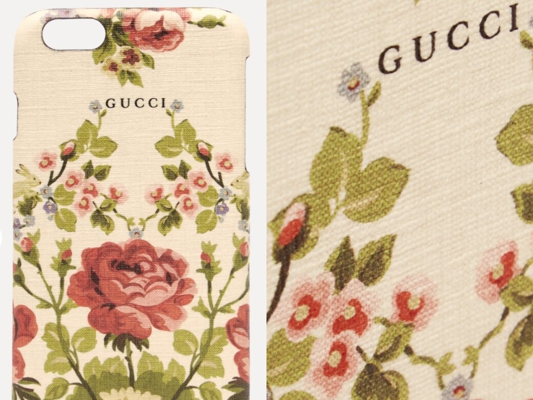 手機殼的玫瑰花，靈感來自19世紀的掛毯，完美彰顯Alessandro Michele對復古的愛好。若