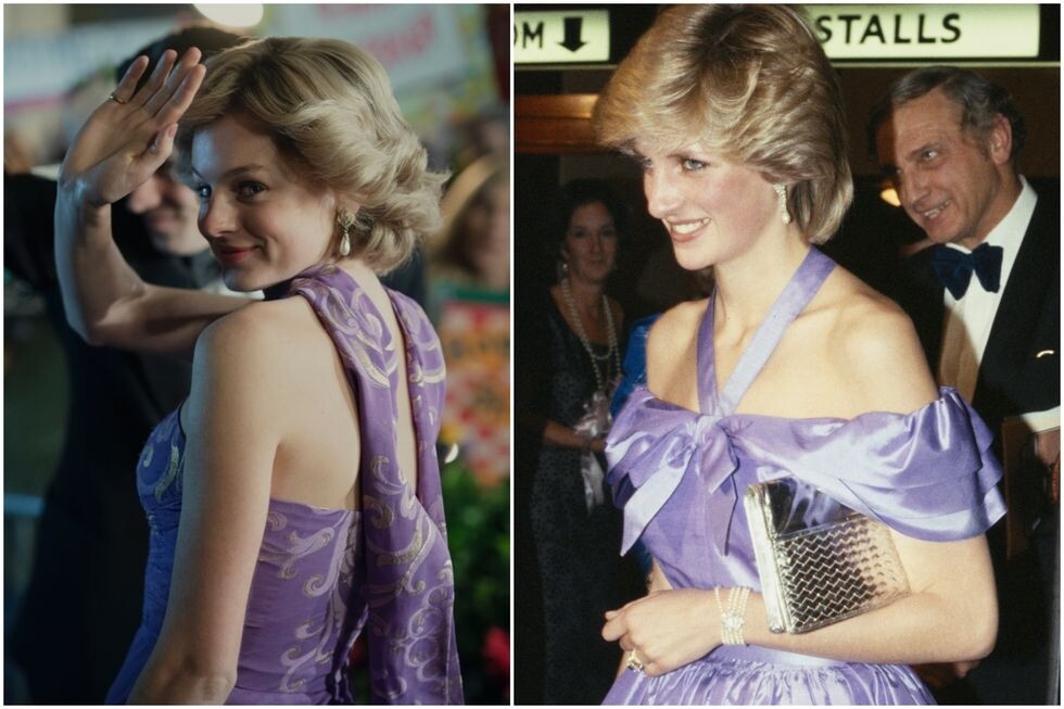 戴妃收藏的珍珠耳環也出現在《王冠》Emma Corrin的耳朵上，1983年戴妃穿的紫色禮